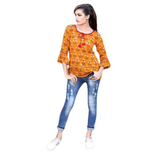 Multi Color 3/4th Sleeves Round Neck Printed Pattern Ladies Fancy Top