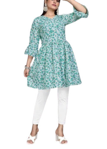 Round Neck Printed Pattern 3/4th Sleeves Crepe Kurtis