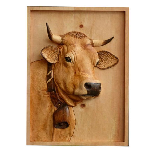 Wood Carving Cow in Frame