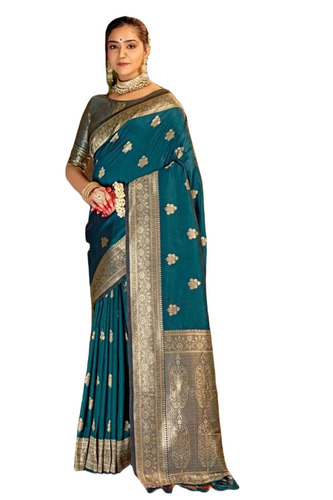 Banarasi Silk Saree - 5.5 Meter Length, Teal Blue Color with Unstitched Blouse Piece | Lightweight, Fade Resistant, Breathable, Comfortable, Easy Wash, Regular Fit