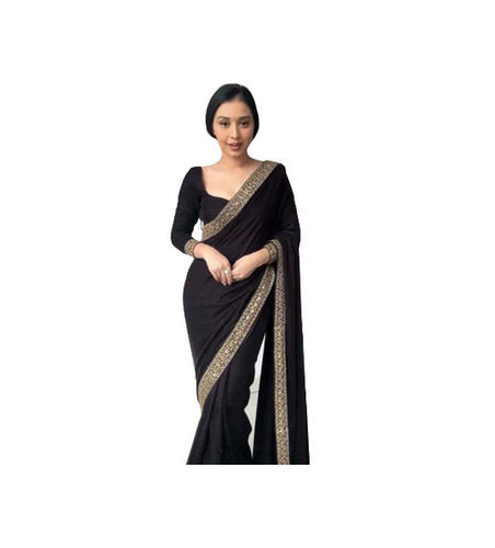 Black Georgette Saree - 5.5 Meters Length, Unstitched Blouse Piece, Breathable & Lightweight Design, Fade & Wrinkle Resistant for All Occasions