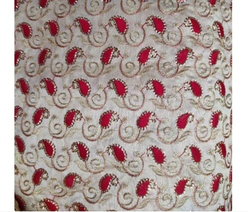 Embroidered Silk Dupioni Fabric - Dupioni Silk, Suit Usages | Color: White, Red - Elegant Embroidered Pattern, Textured Finish
