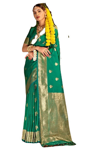 Green Banarasi Silk Saree - 5.5 Meter Length, Unstitched Blouse Piece 0.80 Meter | Breathable, Fade Resistant, Lightweight, Comfortable