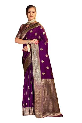 Purple Banarasi Silk Saree - 5.5 Meter Length with Unstitched Blouse Piece | Breathable, Lightweight, Fade & Wrinkle Resistant