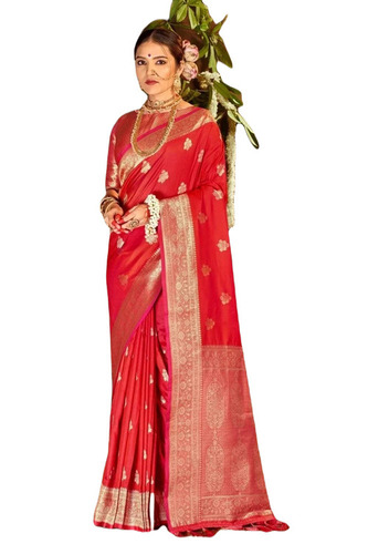 Red Banarasi Silk Saree - 5.5 Meter Length with Unstitched Blouse Piece, Breathable & Lightweight for Casual Wear