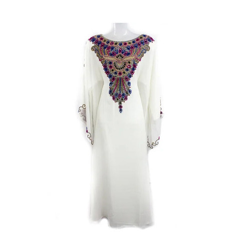 White Georgette Farasha - Long, Regular Fit, Round-Neck, Full Sleeves | Anti-Wrinkle, Washable, Breathable, Quick Dry, Embroidered Pattern, For Party Wear