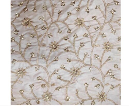White Silk Dupioni Fabric - Embroidered Suit Material, Color: White And Red | Luxurious Dupioni Silk Finish, Elegant Pattern Design
