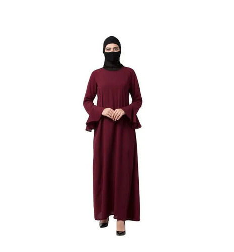 Maroon Long Sleeved Nida Matte Abaya - Regular Fit, Round-Neck Design | Anti Wrinkle, Breathable, Washable, No Fade