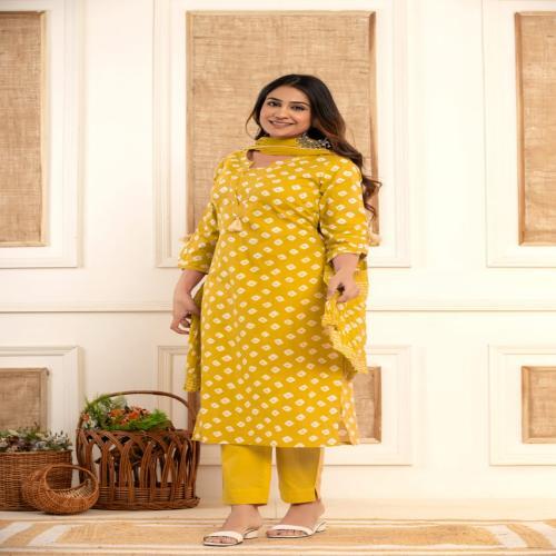Yellow Ladies Suits - Cotton Blend Full Sleeves | Anti-Wrinkle Skin Friendly Comfortable Dry Cleaning Impeccable Finish Snagging Resistance Fancy Design