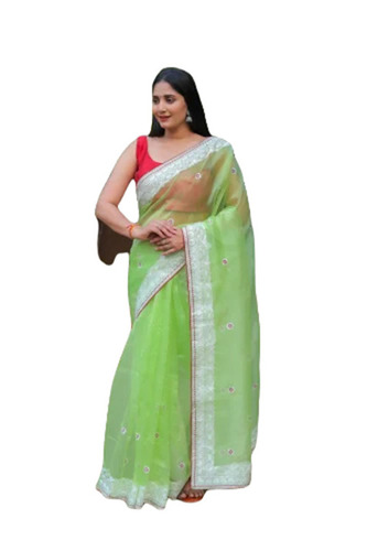 Green Organza Saree - 5.5 Meters Length with Unstitched Blouse Piece | Breathable Lightweight Easy Washable Fade Resistant Comfortable Party Wear