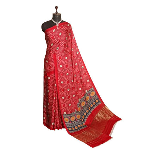 Red Color Printed Pattern Pure Silk Saree With Blouse Piece