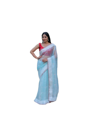 Sky Blue Organza Saree - 5.5 Meter Length, Unstitched Blouse Piece Included, Fade and Wrinkle Resistant, Comfortable, Lightweight, Breathable Fabric, Embroidered Design, Ideal for Party Wear