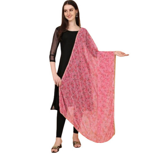 Pink Color Printed Pattern Lace Work Georgette Printed Dupatta