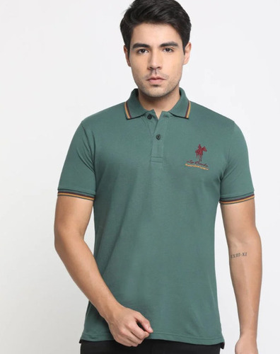 Green Color Plain Pattern Short Sleeves Mens Polo T Shirt