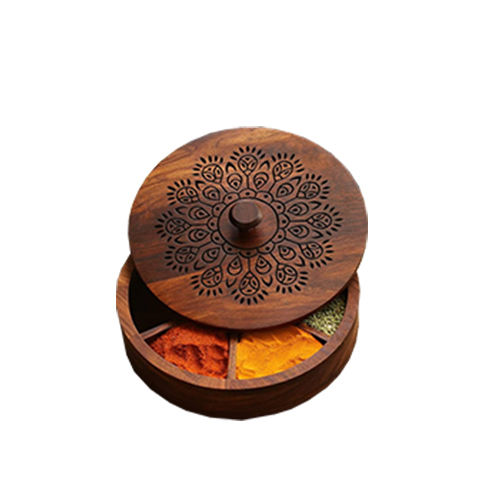 Peacock Feather Engraved Wooden Spice Box