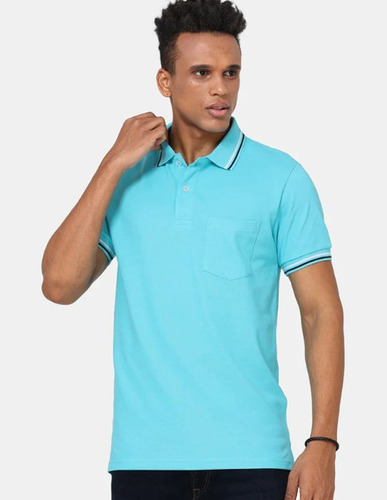 Sky Blue Mens Polo T Shirt - Nylon Fabric Regular Fit Short Sleeves | Polo Collar Customized Size Plain Pattern