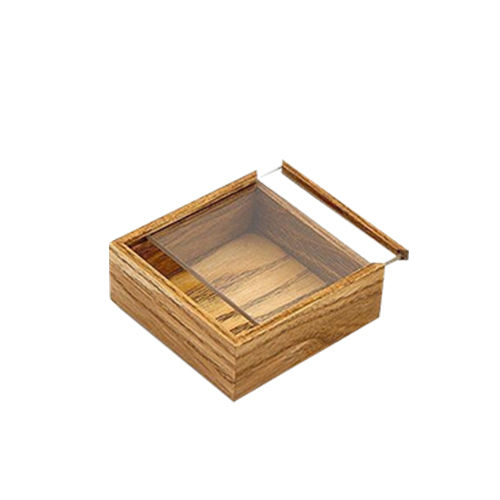 Handcrafted Square Shape Wooden Spice Box with Sliding Acrylic Lid