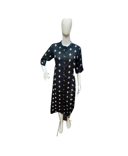 Black Rayon Long Kurtis - Regular Fit 3-4th Sleeves | Printed Quick Dry Tear Resistant Trendy Casual Wear for Ladies