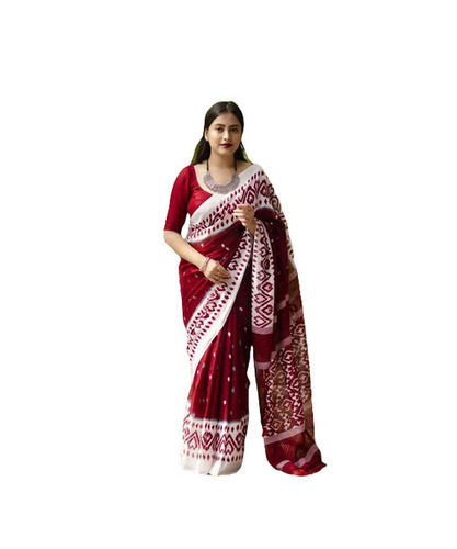 Party Wear Light Weighted Shrink Resistant Printed Jute Cotton Saree With Blouse Piece