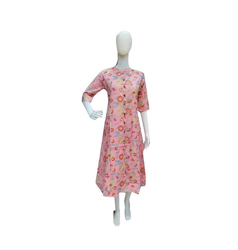 Pink Printed Rayon Kurtis - Long 3-4th Sleeve, Regular Fit | Washable, Breathable, Trendy Casual Wear for Adults