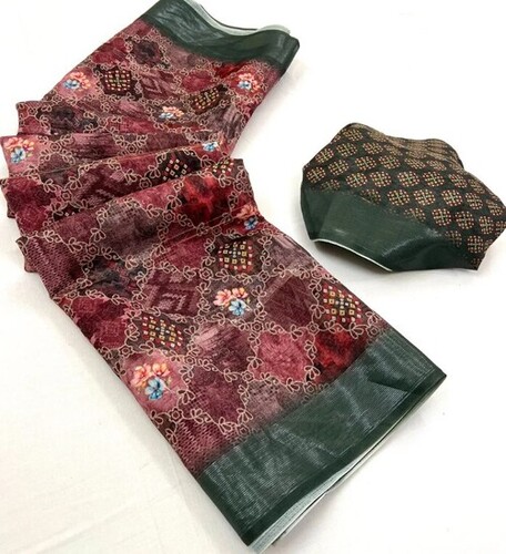 Fancy Cotton Saree - Printed Red Design, Multi Color for Party Wear