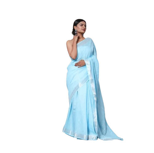 Sky Blue Color Plain Pattern Hand Painted Work Linen Saree