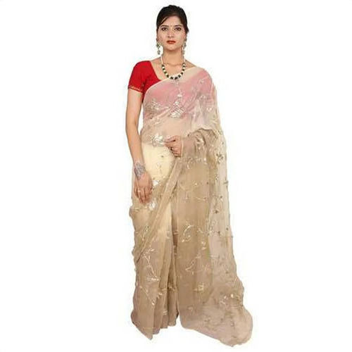 Embroidered Chiffon Saree - 5.5 Meter Length, Cream Color with Unstitched Blouse Piece | Breathable, Lightweight, Easy Washable, Quick Dry, Fade & Wrinkle Resistant, Comfortable for Adults