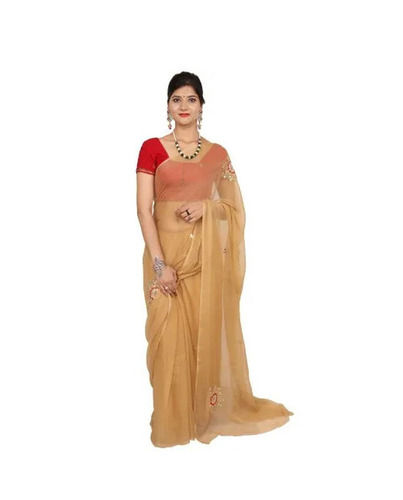 Party Wear Light Weighted Shrink Resistant Embroidered Chiffon Sarees for Ladies