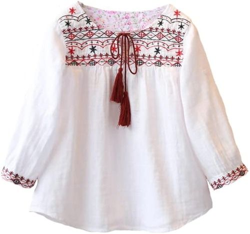 Casual Wear Readymade Regular Fit Full Sleeve Round Neck Embroidered Ladies Tops