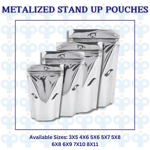 Metalized Stand Up Pouches - Plastic, Multiple Sizes (3x5 to 8x11 inches) | Eco-Friendly, Heat Seal Properties, High-Quality Lamination