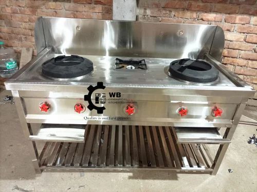 3 Burner Chinese Cooking Range - 60x30x34 Inches, Stainless Steel, Shiny Look & Durable Finish