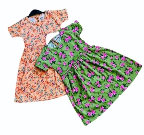 Girls Printed Cotton Frock - Regular Fit, Casual Wear | Breathable, Machine Washable, Customized Size, All Colors