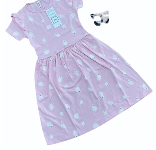 Pink Printed Girls Cotton Frock - Regular Fit, Custom Size | Breathable, Washable Fabric for Casual Wear