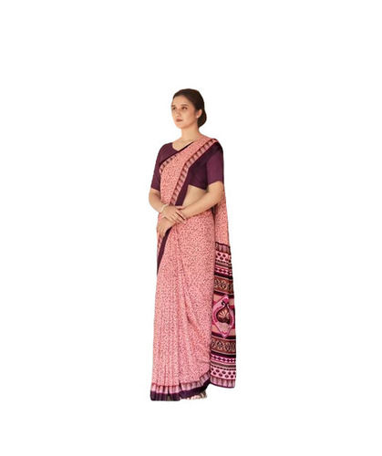 Work Wear Light Weighted Shrink Resistant Printed Synthetic Uniform Sarees for Ladies