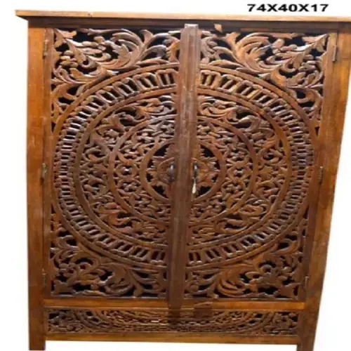 Rectangular Brown Wooden Hand Carved Cabinet