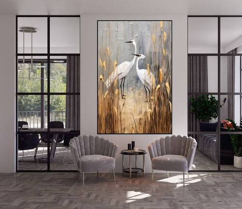 100% Handmade Abstract White Stork Painting Couple Storks 