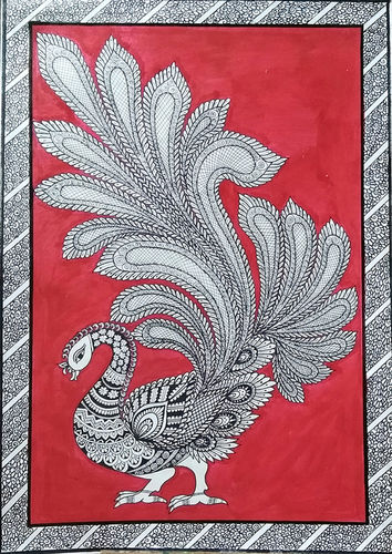 11.7 x 16.5 Inches Acrylic Color With Black Pen Kalamkari Peacock Painting