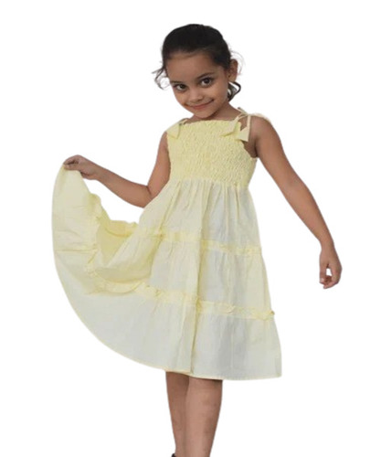 Girl Designer Frock - Cotton, 3-5 Years, Yellow, Sleeveless, Round Neck | Modern Plain Style, Anti-Wrinkle, Breathable for Summer Casual Wear