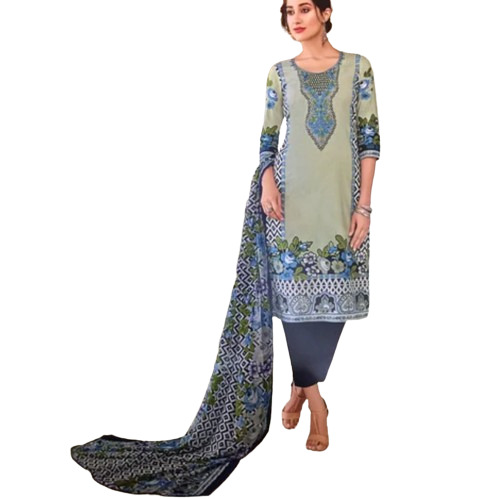 Blue Color 3/4th Sleeves Round Neck Embroidery Cotton Suit