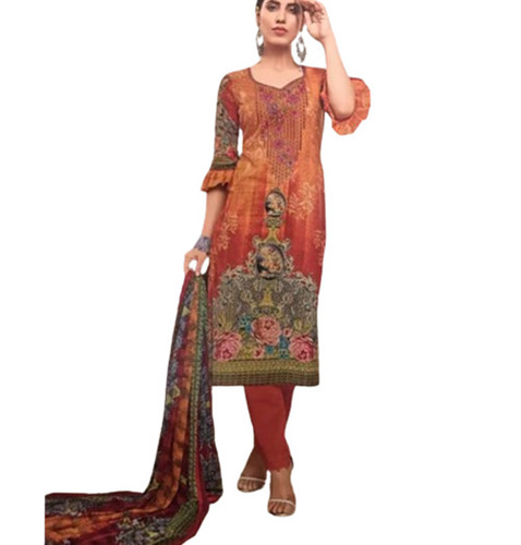 3/4th Sleeves Round Neck Embroidery Pure Cotton Suits