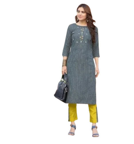 Blue Color 3/4th Sleeves Round Neck Handloom Cotton Kurti