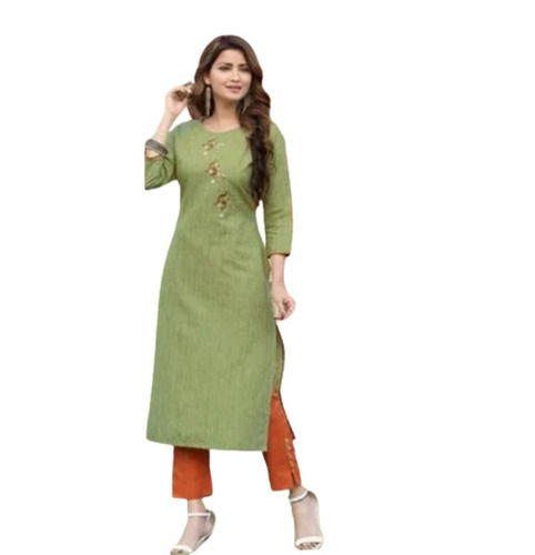 Green Color 3/4th Sleeves Round Neck Handloom Cotton Kurti