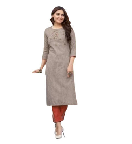 Plain Pattern 3/4th Sleeves Round Neck Handloom Cotton Kurti