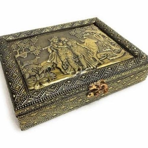 Premium Hand-Crafted Gold Peacock Dry Fruit Box - 20x20x5 cm | Oxidized Wood Finish, Rectangular Shape