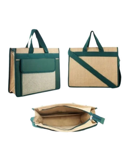 Jute Shopping Bag - Printed Horizontal Design, Green Color, Zipper Top, Good Design And Lightweight