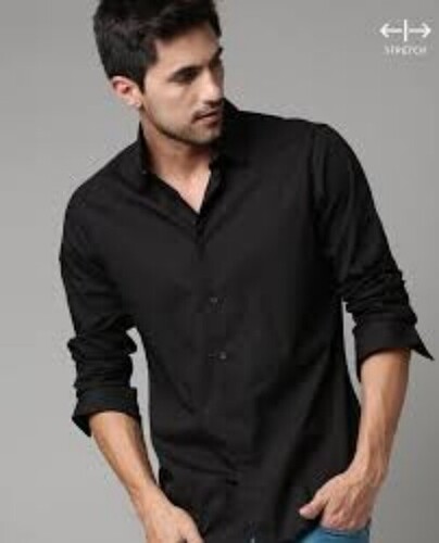 Mens Cotton Black Shirt - Medium Size, Short Sleeves, Classic Collar, Anti-UV Feature, Embroidered Detailing, Plain Pattern, Beaded Closure