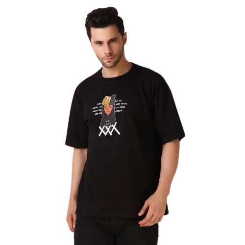 Men's Cotton Half Sleeve T-Shirt - Printed Design, Round Neck Style, Casual Wear in Black, Size L