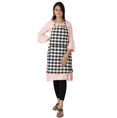 Checked Kitchen Apron - Poly Cotton Material Free-Size Multi Color 15 Inch Waist Piping Waterproof Non-Disposable Lightweight at 120 Grams