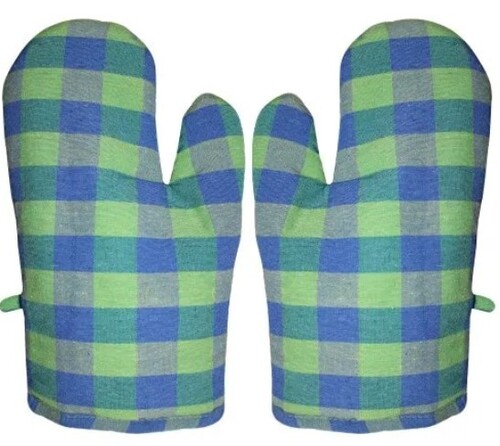 Oven Checked Gloves - Cotton Fabric, Free Size, Blue & Black Color | Household Gloves for Kitchen Use, Checked Pattern