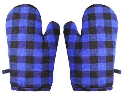 Oven Gloves - Cotton Free Size Blue & Black Pattern-Check | Woolen Kitchen Use
